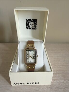 Anne Klein Brown Leather Strap Gold Rectangular Watch AK/3752CHHY NWT